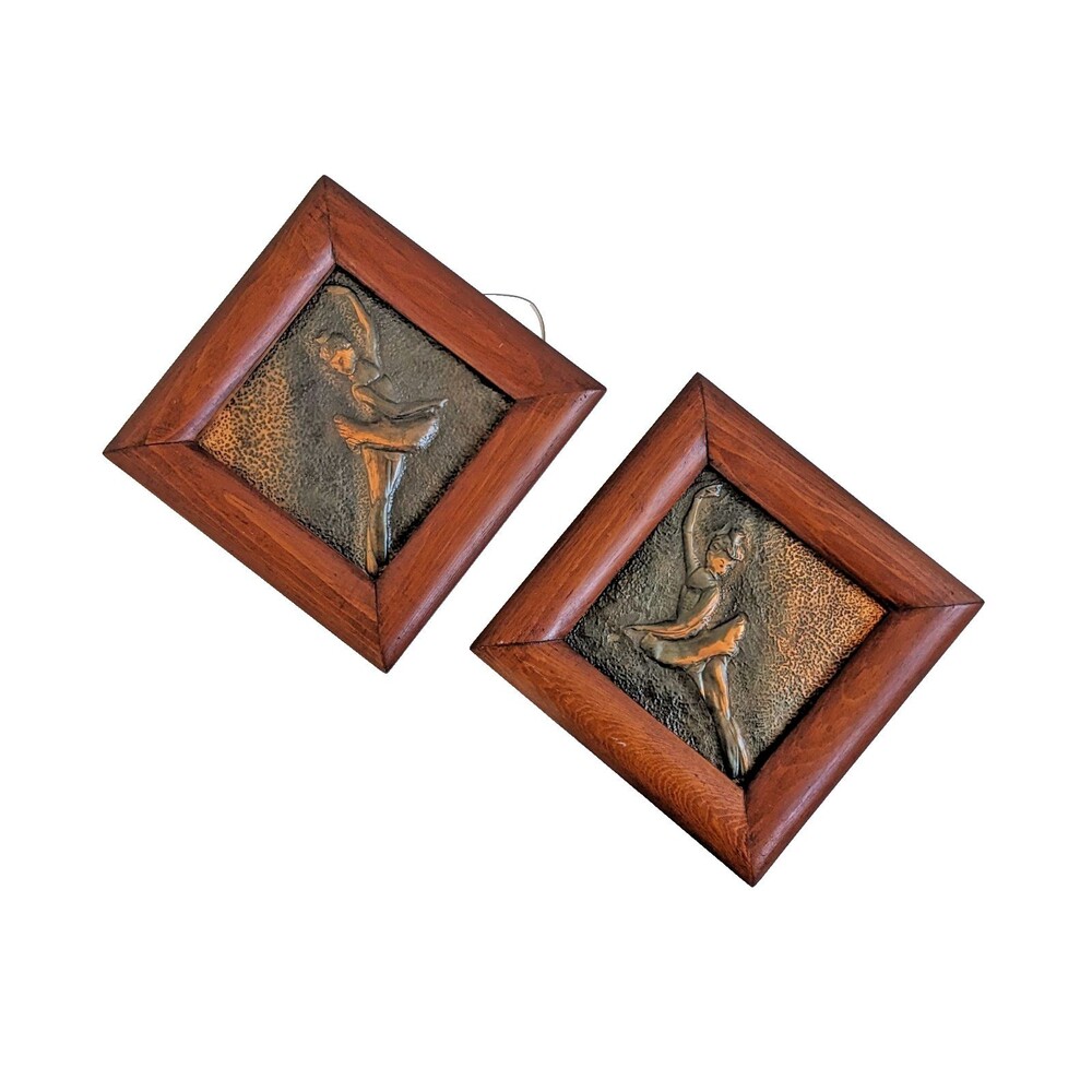 Mid Century Ballerina Wall Art Decor Set of 2 Copper Relief Dancer Wood Frames